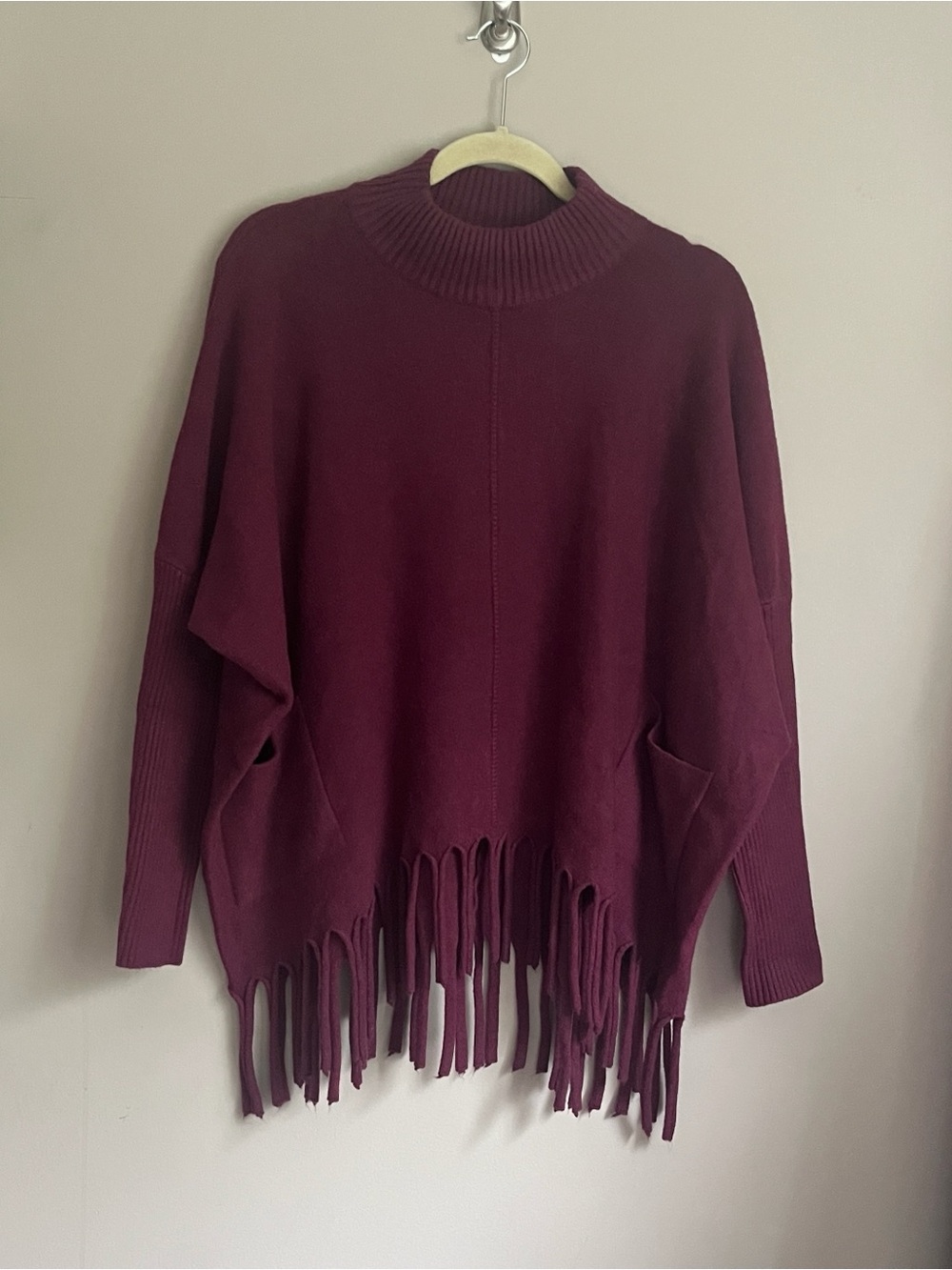 COCO + CARMEN Heavenly-Luxe Flowy Mock Neck Fringe Burgandy Sweater sm/medium